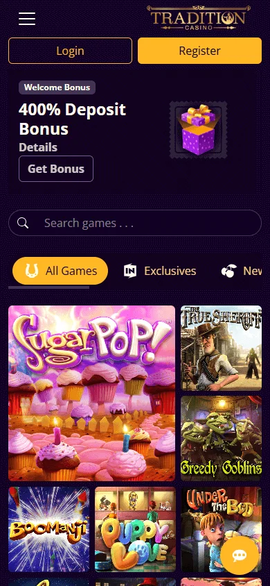 Tradition Casino home screen on a mobile device