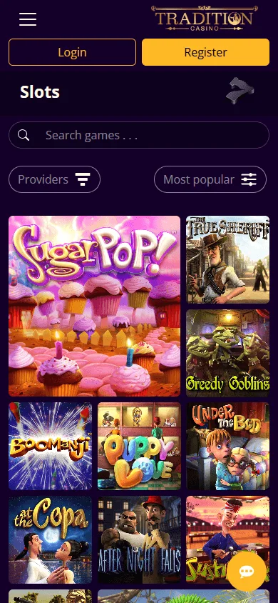 Tradition Casino games area on a mobile device