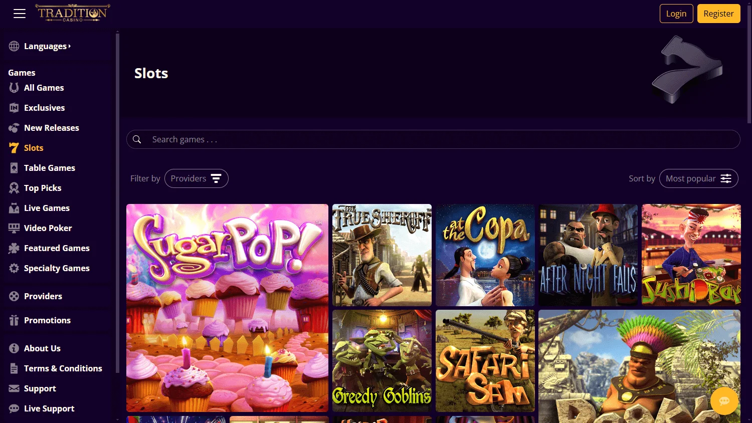 Tradition Casino games area on desktop
