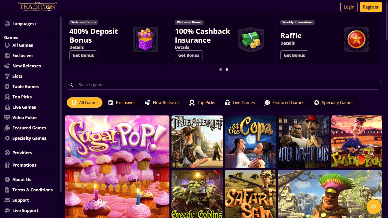 Tradition Casino home screen on desktop
