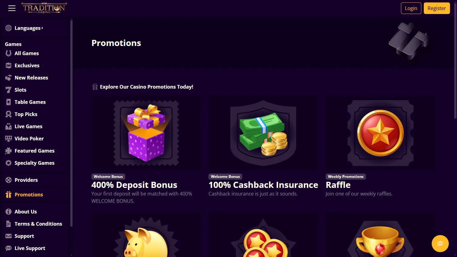 Tradition Casino promotions area on desktop